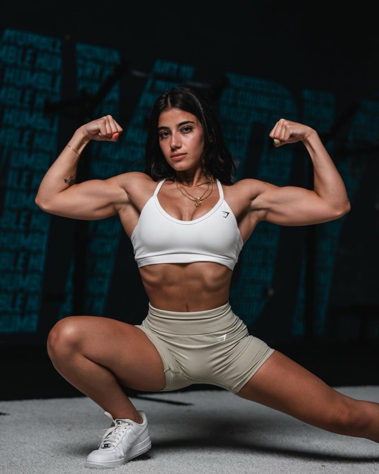 persian model with long dark hair wearing a white crop top and gray shorts posing in a gym
